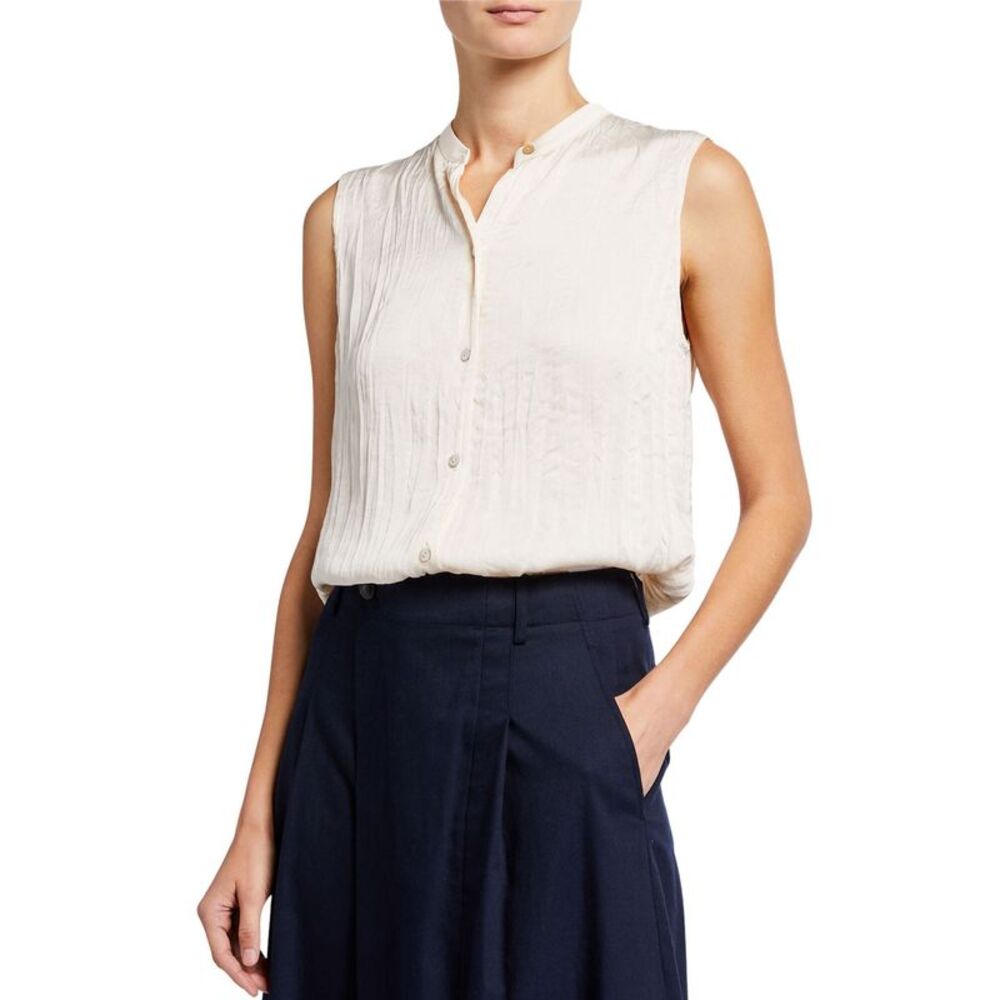 Vince Womens Sleeveless Crushed Satin Band Collar Blouse X-Large - NWT $275